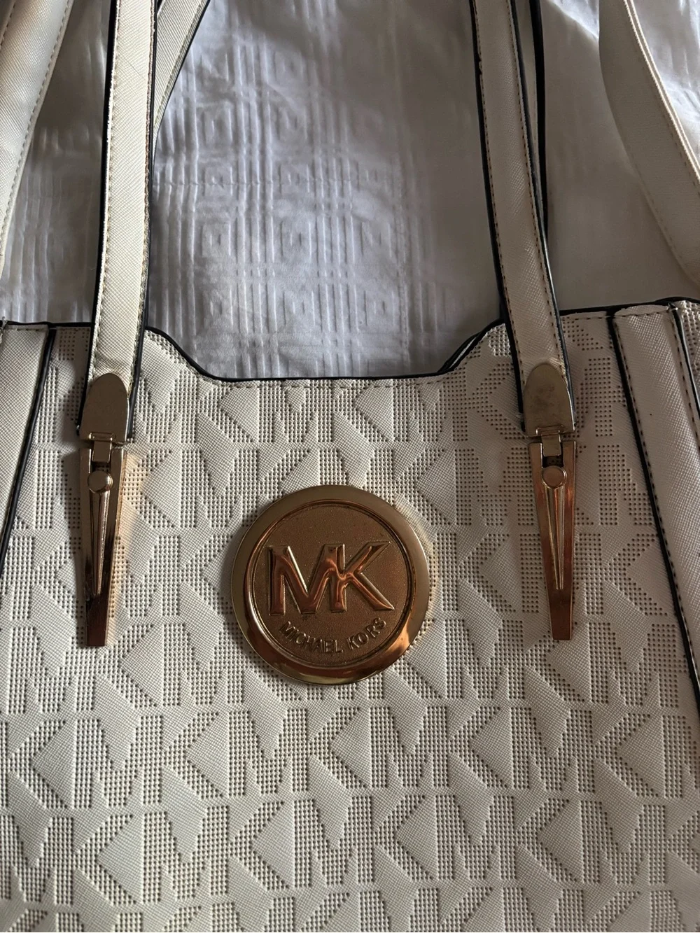 Michael Kors Cream MK Logo Tote with Gold-Tone Medallion